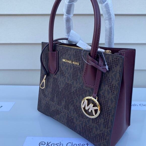 Michael Kors Mercer Messenger Bag Medium Satchel Purse MK Signature Merlot - Picture 2 of 9